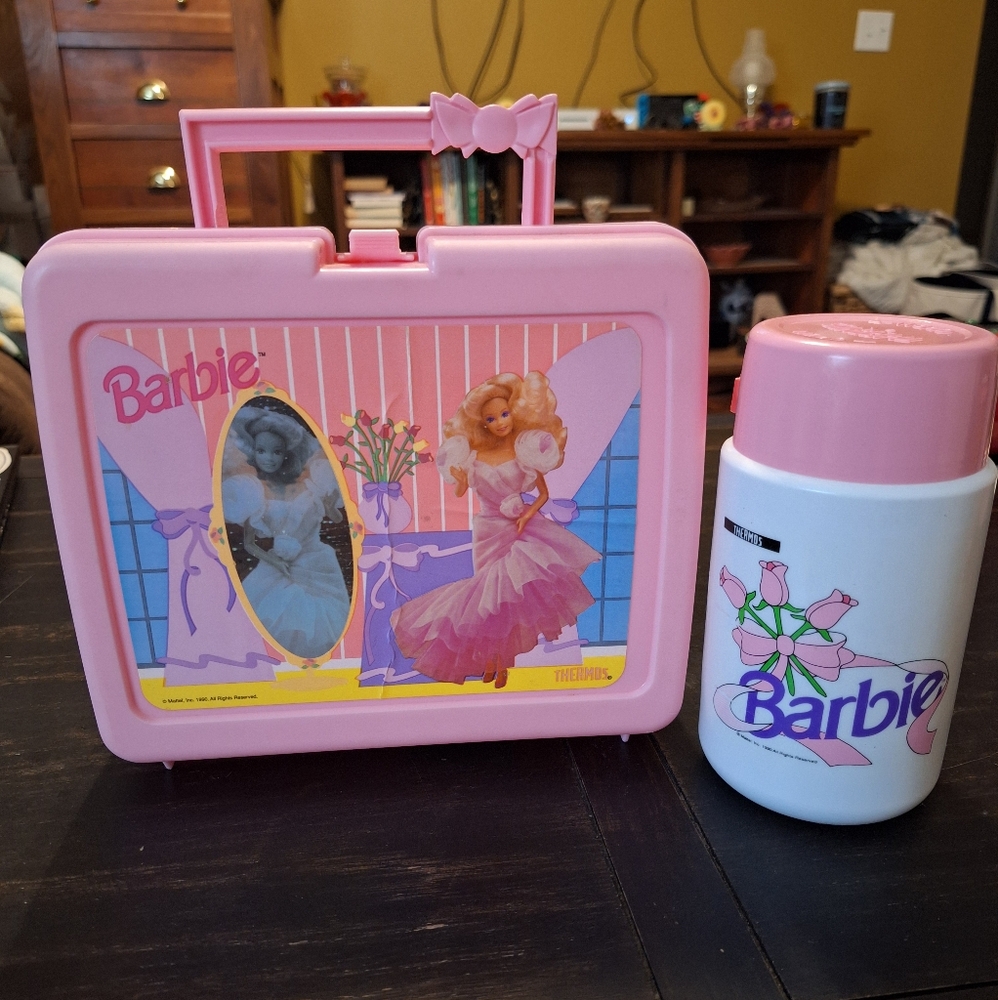 Vintage Pink and White Barbie Lunchbox and Thermos